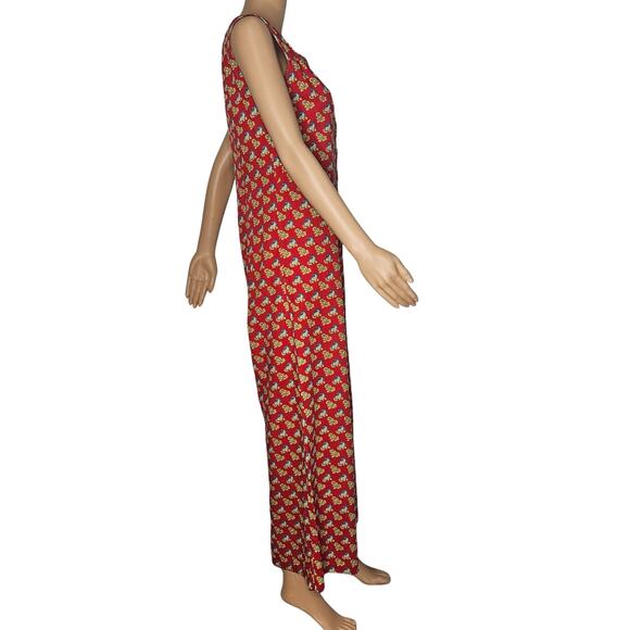 1970s Red Fluer De Lis Sleeveless Zip Up Wide Culotte Legs Romper Size Small - Picture 6 of 8